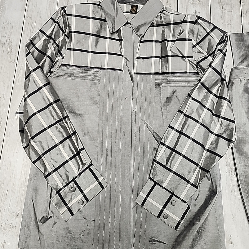 J.S. Thai 100% Silk Womens 2-Piece Set Handmade Plaid Shirt & Pants Silver Sz P - Picture 2 of 16